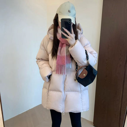 Me13 Cloud Puff 90 White Duck down Warm Hooded Mid-Length Petite Puffer Jacket for Women
