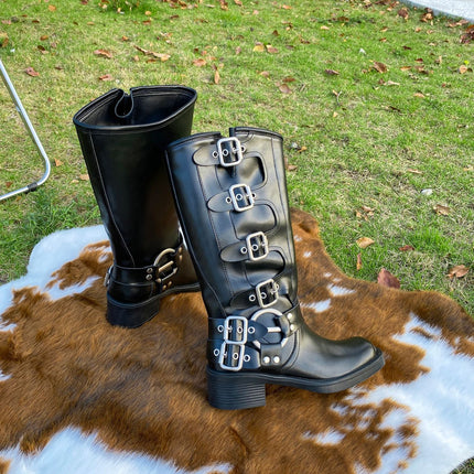 Belt Buckle Thick Heel Knight Boots Women's Autumn and Winter Retro Over-The-Knee Boots Western Cowboy Boots Brown Fashion Boots