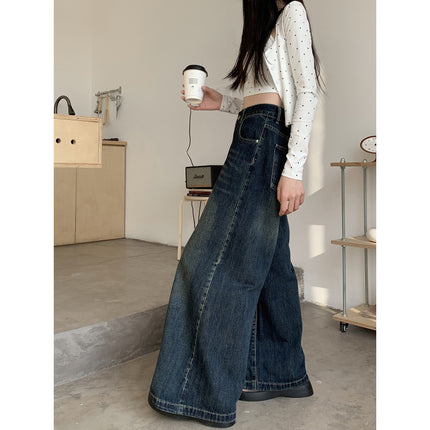 Spring New Retro dark blue Wide Leg Mop Jeans Women