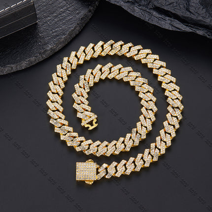 Cross-Border Hip-Hop New Product Bar Cuban Chain 12mm Alloy Rhinestone High Quality Versatile Hip-Hop Necklace Drop Shipping