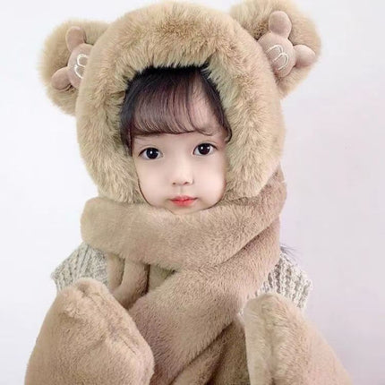 Winter Warm Plush Bear Hat, Scarf, Gloves, Hat, One-Piece Fleece-Lined and Thickeneded Three-Piece Set, Cute and Versatile Scarf