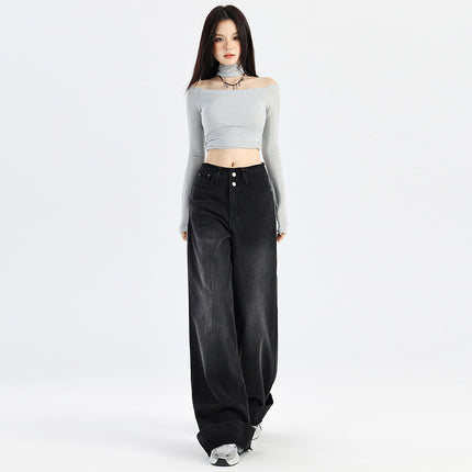 American Style Black Grey Wide Leg Jeans Women's Autumn 2024 New High Waist Double Buckle Loose Slimming Curl Edge Mop Pants