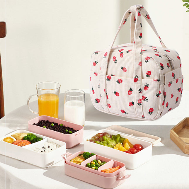 New Corduroy Strawberry Cutlery Bag Office Worker Outdoor Insulated Bag Lunch Box Handbag Portable Lunch Bag