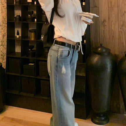 Sunoneoe American Retro Blue Loose Jeans Women's Summer New Casual Straight Pants for Small People