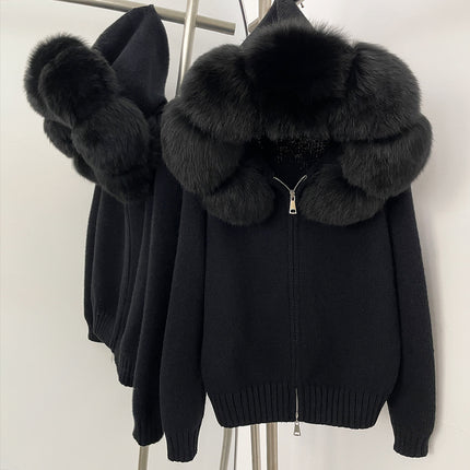 Spring 2025 Women's Gray Hooded Knit Cardigan Korean Style Loose Top