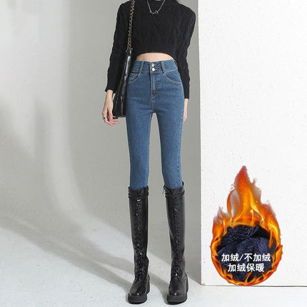 Vintage Blue fleece-lined Thickened Jeans Women's Autumn and Winter 2024 New High Waist Slimming Tight American Pencil Pencil Pants