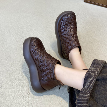 Retro Casual Thick-Soled Platform Shoes Hand-Woven Genuine Leather Short Boots for Women 2025 Autumn and Winter New First-Layer Cowhide Short Boots