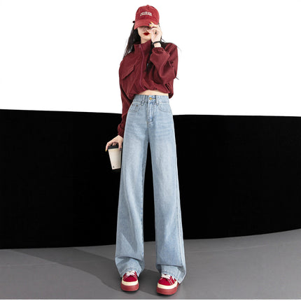 American Retro Washed Distressed Jeans for Women, Autumn High-Waisted Loose Wide-Leg Straight Pants, Floor-Length Trousers