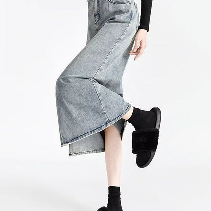 2023 new light blue thin denim skirt high waist A- line mid-length front slit hip skirt Denim skirt