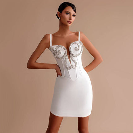 European and American Cross-Border New Women's Suspender Diamond-Encrusted Light Luxury Mesh Bandage Skirt Sexy Hot Girl Hip-Hugging Party Dress
