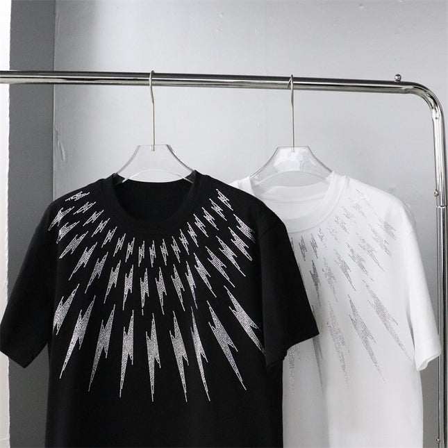 23 Large Edition Heavy-Duty Rhinestone Front and Back Lightning Design Unisex Loose Short-Sleeve T-Shirt Plus Size for Big and Tall Versatile Pure Cotton