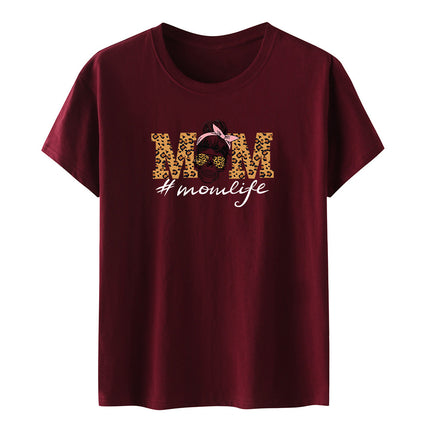 Amazon momlife Skull Leopard Print Sunglasses Mother's Day Gift Letter Print Casual Short Sleeve T-Shirt Women