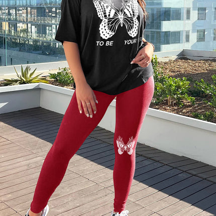 Fashion Joker Short Sleeve Leggings suit Flame Butterfly Print