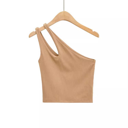 2024 New Summer Style European and American Short Sexy One-Shoulder Double Shoulder Cut Out Slim Vest Top
