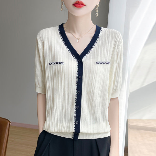 Tweed Style Contrasting Color Short-Sleeved T-Shirt Women's Niche Thin V Neck Half-Sleeved 2025 Summer New Knitted Women's Top