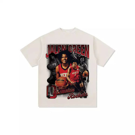 Jalen Green American Printed Long-Sleeved Short-Sleeved T-Shirt Washed and Distressed Heavy Loose Men's Clothing