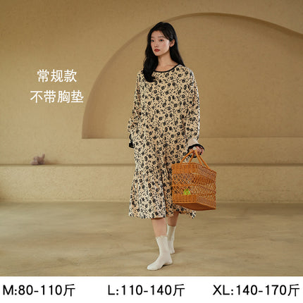 Women's Pure Cotton Long-Sleeved Nightgown, High-End, Black, Large Size, Can Be Worn Outside, Spring and Autumn, Women's Nightgown with Breast Pads