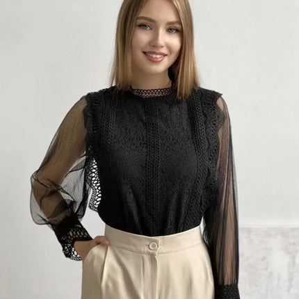 Europe, America and Russia Cross-border Foreign Trade New Elegant Solid Color Mesh Long Sleeve Puff Sleeve Crewneck Top Women's Lace Shirt