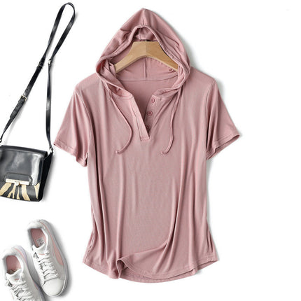 Modal thread short-sleeved hoodie T-shirt women's spring/summer plus size loose bottoming shirt slimming sun protection thin top