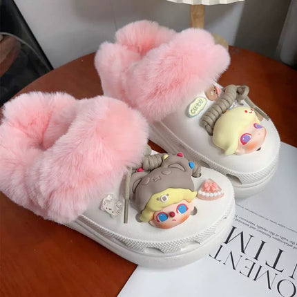 Wholesale hole shoes winter liner fur cover fleece-lined heel belt warm plush men and women detachable shoe cover shoelaces