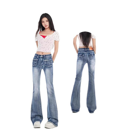 Light Blue Washed Low-Waist Flared Jeans for Women, 2025 Spring New Design, Stylish Slim-Fit Bootcut Pants