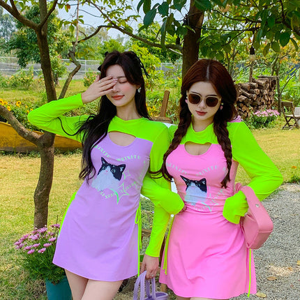 Plus-Size Swimsuit for Women, Fluorescent Cat Design, Large Size for 200-Pound Women, Three-Piece Set with Long Sleeves, Sun-Protective Vacation Swimwear