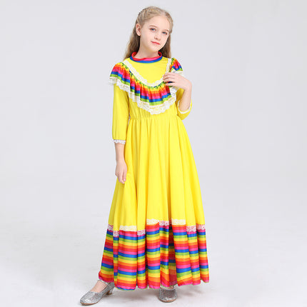 Traditional Mexican Girl Long Dress Ethnic Dance Costume Children Ethnic Style Party Performance Game Costume