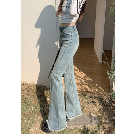 Vintage light blue-Edge Micro-Lar Jeans Women's 2025 Spring New Design High Waist Slim-Fit Slimming Horseshoe Pants