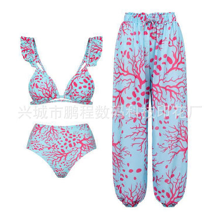 European and American Style Printed Bikini for Women, Quick-Dry Three-Piece Set, Backless Conservative Two-Piece Swimsuit, Tummy-Covering Hot Spring Swimwear Bikini