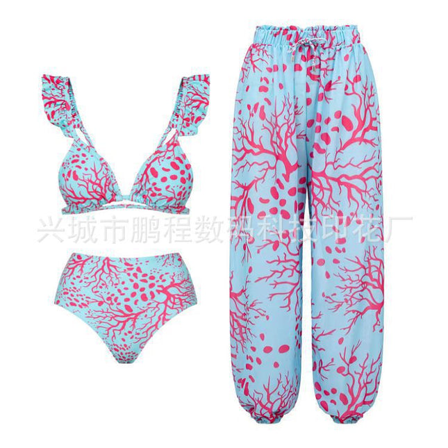 European and American Style Printed Bikini for Women, Quick-Dry Three-Piece Set, Backless Conservative Two-Piece Swimsuit, Tummy-Covering Hot Spring Swimwear Bikini