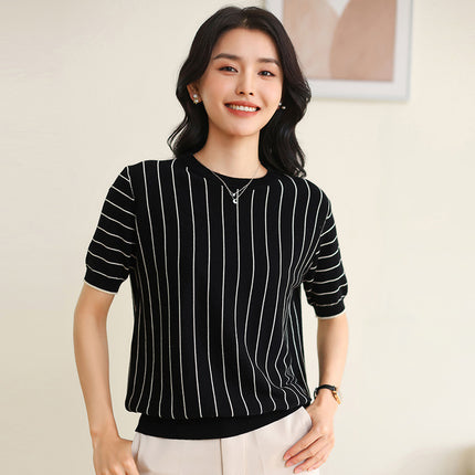 Summer new ladies round neck cotton knitted short sleeve vertical stripe T-shirt thin pullover jacket wholesale