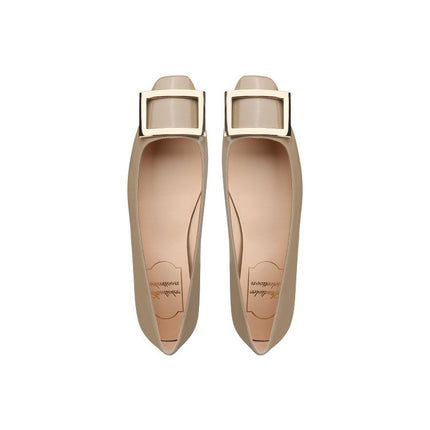 In-Stock Sheepskin Version ~ Grape Mom's Same Style Square Buckle Square Toe Shallow High Heels Women's Spring Chunky Heel Flat Commuting Shoes