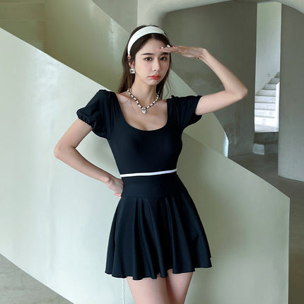 New Swimwear Women's Split Skirt Conjoined Flat Corner Short Sleeve Conservative Slim Belly Covering Students Sports South Korea Hot Springs