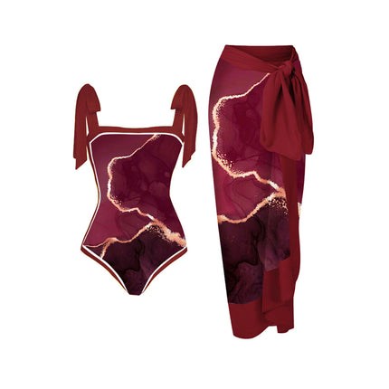 Amazon 2023 European and American New Fixed Edition Printed Two-Piece One-Piece Swimsuit Conservative Covered Hip Skirt Spot Swimsuit