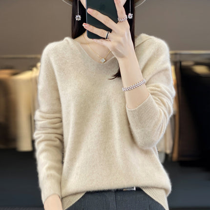 First-line Ready-to-wear Hooded Wool Sweater for Women in Autumn and Winter New Wool Hooded Sweatshirt Knitted Sweater Bottoming Shirt