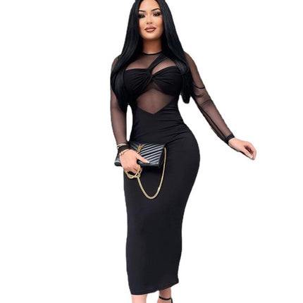 European and American women's wear cross-border foreign trade manufacturers 2022 new round neck mesh stitching long sleeve mid-length tight dress