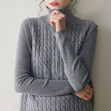 Full-Body Cable Knit Solid Color Women's Cashmere Knitted Vest Half-Open High-Neck Sleeveless Sweater Outerwear Layered Waistcoat