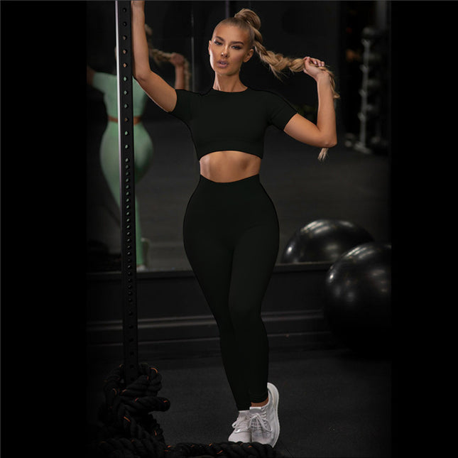 Seamless High Elastic Tight Yoga Suit suit Factory Women's Solid Color High Waist Sports suit Short Sleeve Pants Two Pieces Yoga