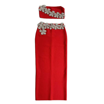 2025 European and American New Design Flower Diamond Bandage Set Sexy Tube Top Long Skirt Two-Piece Set