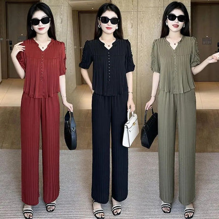 High-end Ice Silk Fashion suit Women's Summer New Elegant Wear Set of Thin Western Style Casual Two-piece Set