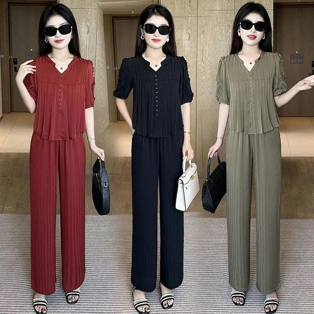 High-end Ice Silk Fashion suit Women's Summer New Elegant Wear Set of Thin Western Style Casual Two-piece Set