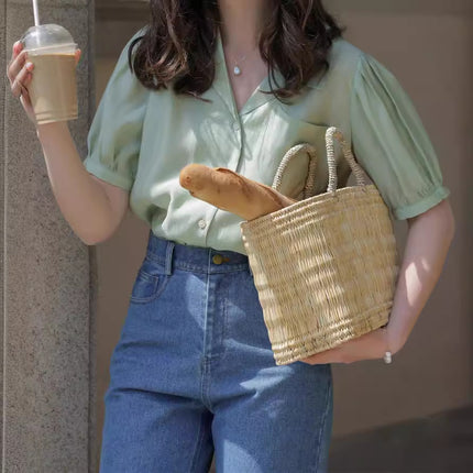 Meliiy 2025 New Retro Doll Collar Puff Sleeve Light Green Top Women's Summer Thin Short-Sleeved Shirt