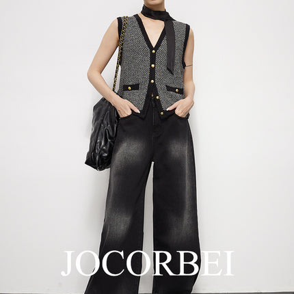 JOCORBEI [retro gradient washed black] high waist wide leg floor jeans women's large straight tube grandma pants