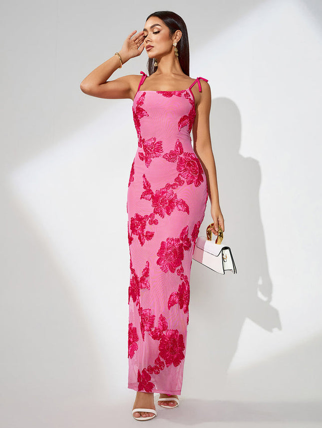 2025 summer cross-border new European and American high-end fashion slim sling hip sexy three-dimensional dish flower dress