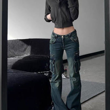 American Retro Pocket Tooling Micro Horn Tooling Jeans Women's New Low Waist Slimming Design Sense Long Trendy Pants