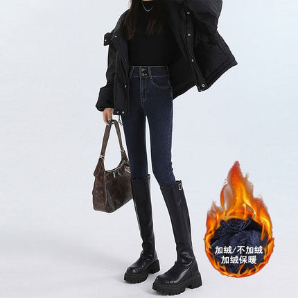 Vintage Blue fleece-lined Thickened Jeans Women's Autumn and Winter 2024 New High Waist Slimming Tight American Pencil Pencil Pants