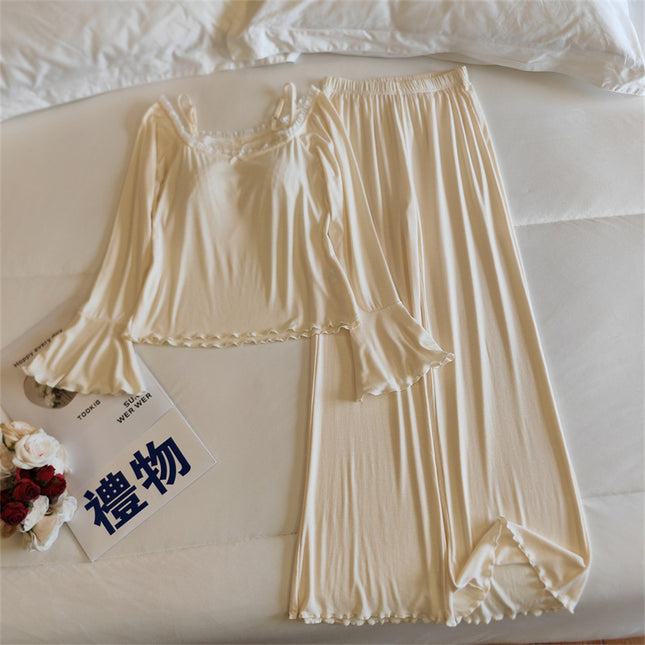 Women's Pajamas with Chest Pad Spring 2025 New Long Sleeve French Style Sexy Lace Modal Cotton Home Clothes suit