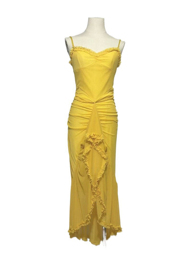 Foreign Trade Niche Yellow Elastic Mesh Asymmetrical Suspender Dress Sexy Figure-Flattering Pleated Dress Spring and Summer