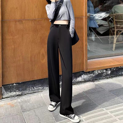 Black Loose Versatile Wide-Leg Straight Suit Pants for Women, Summer Thin High-Waisted Slimming Casual Professional Floor-Length Trousers