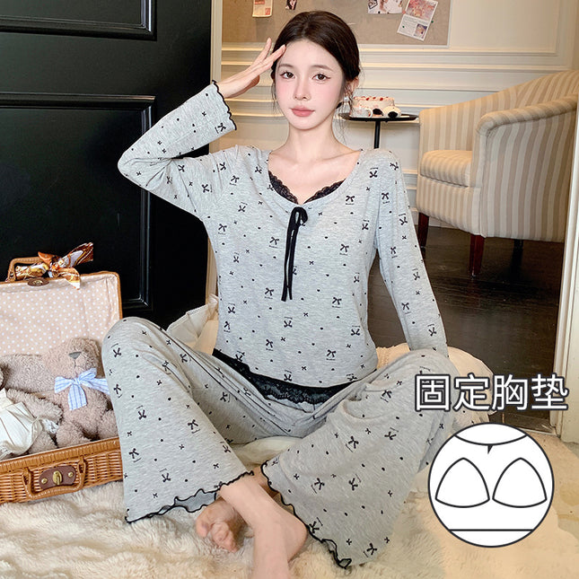 [D] New Spring Long Sleeve Comfortable Draped Bow Lace suit Home Clothes Women's Pajamas